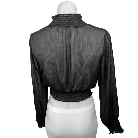 Style State Black Semi Sheer Turtleneck Smocked Long Sleeve Blouse Top Size 6 - Picture 2 of 5